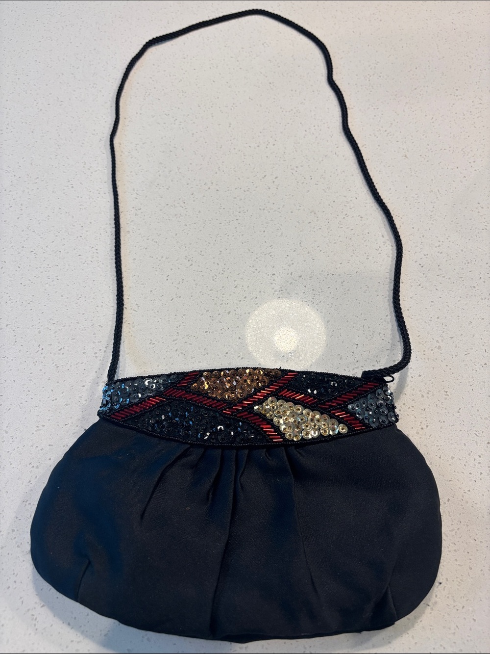 Vintage Greg Adams Beaded Satin Evening Bag Hand Made Black Sequin purse